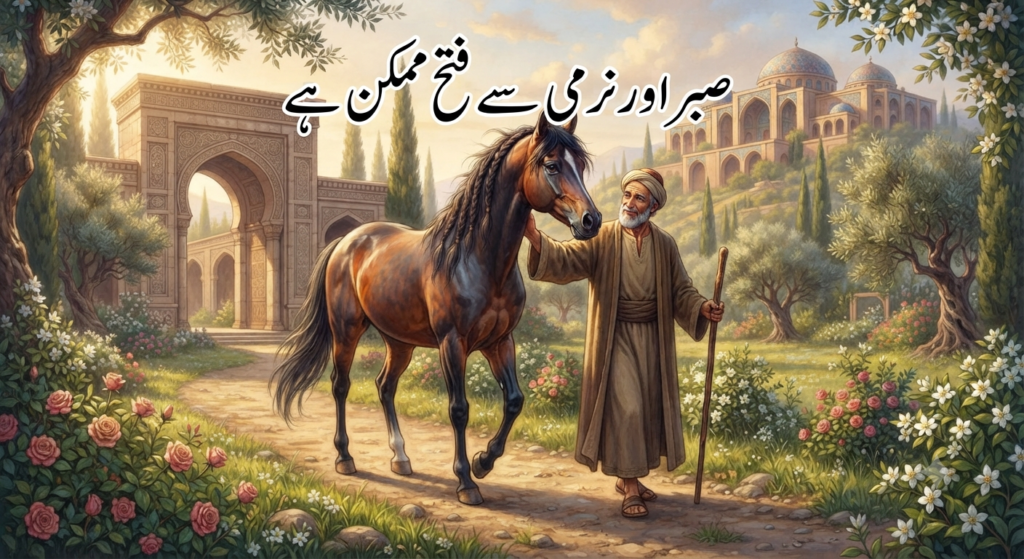 An inspirational story graphic about a wild horse and a wise man representing human mind control, patience, and wisdom.