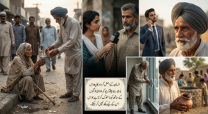 اخلاقی کہانی کا تصویری کولاج جس میں ایک بزرگ سکھ شخص کو غریب عورت کو پانی پلاتے ہوئے، دیہاتی مناظر اور انسان کے اصل کردار اور نیکی کے متعلق ایک اردو قول دکھایا گیا ہے۔
