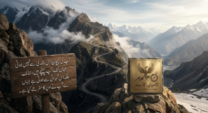 ایک اونچے پہاڑ کی چوٹی کا منظر جہاں سے نیچے گہری وادی کی طرف ایک مشکل راستہ جا رہا ہے۔ چوٹی پر ایک سنہری شیلڈ پر ابھرا ہوا سیمبل موجود ہے جو جدوجہد اور کامیابی کی علامت ہے، اور ساتھ میں اردو خطاطی میں تحریر درج ہے: "آپ کی پہچان اس بلندی سے نہیں ہوتی جہاں تک آپ پہنچے ہیں، بلکہ اس گہرائی سے ہوتی ہے جہاں سے آپ نے اوپر کا سفر طے کیا ہے۔"