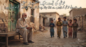 سنہری شام کے وقت ایک دیہاتی گلی کا خوبصورت اور سینماٹیک منظر، جہاں ایک سفید بالوں والا بوڑھا شخص اپنے گھر کے باہر لکڑی کے بنچ پر بیٹھا ہے اور بچے پگڈنڈی پر دور جا رہے ہیں۔