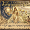 A vintage-style fantasy illustration depicting a radiant South Asian goddess in a golden saree offering five glowing boons—wealth, fame, happiness, beauty, and love—between a cosmic nebula and a terraced village, observed by diverse villagers. Bilingual English and Urdu text is integrated into the ornate frame and a bottom scroll. ​ ایک پرانے طرز کی خیالی تصویر کشی جس میں سنہری ساڑھی میں ملبوس ایک چمکتی ہوئی جنوبی ایشیائی دیوی کو کائناتی نیبولا اور ایک بالکونی والے گاؤں کے درمیان پانچ چمکتی ہوئی نعمتیں—دولت، شہرت، خوشی، خوبصورتی اور محبت—پیش کرتے ہوئے دکھایا گیا ہے، جسے مختلف دیہاتی دیکھ رہے ہیں۔ دو لسانی انگریزی اور اردو متن کو آرائشی فریم اور نچلے اسکرول میں ضم کیا گیا ہے۔