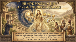 A vintage-style fantasy illustration depicting a radiant South Asian goddess in a golden saree offering five glowing boons—wealth, fame, happiness, beauty, and love—between a cosmic nebula and a terraced village, observed by diverse villagers. Bilingual English and Urdu text is integrated into the ornate frame and a bottom scroll.
​ ایک پرانے طرز کی خیالی تصویر کشی جس میں سنہری ساڑھی میں ملبوس ایک چمکتی ہوئی جنوبی ایشیائی دیوی کو کائناتی نیبولا اور ایک بالکونی والے گاؤں کے درمیان پانچ چمکتی ہوئی نعمتیں—دولت، شہرت، خوشی، خوبصورتی اور محبت—پیش کرتے ہوئے دکھایا گیا ہے، جسے مختلف دیہاتی دیکھ رہے ہیں۔ دو لسانی انگریزی اور اردو متن کو آرائشی فریم اور نچلے اسکرول میں ضم کیا گیا ہے۔