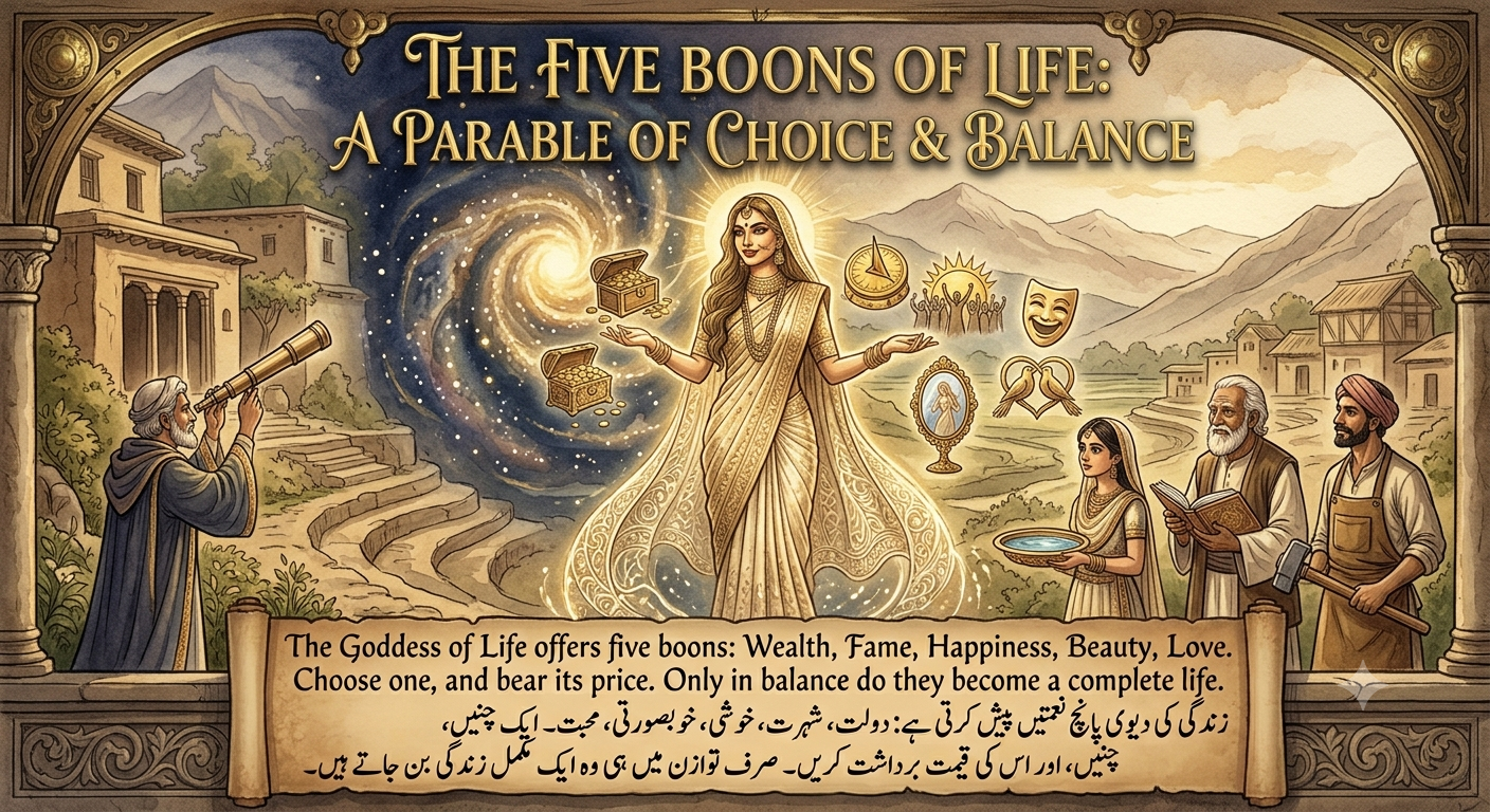 A vintage-style fantasy illustration depicting a radiant South Asian goddess in a golden saree offering five glowing boons—wealth, fame, happiness, beauty, and love—between a cosmic nebula and a terraced village, observed by diverse villagers. Bilingual English and Urdu text is integrated into the ornate frame and a bottom scroll. ​ ایک پرانے طرز کی خیالی تصویر کشی جس میں سنہری ساڑھی میں ملبوس ایک چمکتی ہوئی جنوبی ایشیائی دیوی کو کائناتی نیبولا اور ایک بالکونی والے گاؤں کے درمیان پانچ چمکتی ہوئی نعمتیں—دولت، شہرت، خوشی، خوبصورتی اور محبت—پیش کرتے ہوئے دکھایا گیا ہے، جسے مختلف دیہاتی دیکھ رہے ہیں۔ دو لسانی انگریزی اور اردو متن کو آرائشی فریم اور نچلے اسکرول میں ضم کیا گیا ہے۔