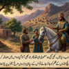 An HD digital artwork depicting King Nushirwan on a white horse, instructing a servant offering a pouch of salt near a traditional Persian village and royal tents.