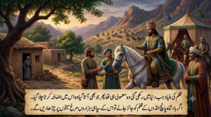 An HD digital artwork depicting King Nushirwan on a white horse, instructing a servant offering a pouch of salt near a traditional Persian village and royal tents.
