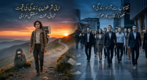 split image showing a solitary traveler walking up a mountain path into the golden sunset on the left, and a crowd of people wearing identical masks walking through a modern city on the right.
​ ایک منقسم تصویر جس کے بائیں جانب ایک تنہا مسافر غروبِ آفتاب کے وقت پہاڑی راستے پر گامزن ہے، جبکہ دائیں جانب جدید شہر میں نقاب پہنے لوگوں کا ہجوم دکھایا گیا ہے۔