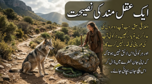 ایک عورت کی تصویر جو ایک زہریلے سانپ کو پگڈنڈی پر بھاری چٹان کے نیچے دوبارہ رکھ رہی ہے، جسے ایک بھیڑیا دیکھ رہا ہے، اور تصویر کے دائیں جانب اردو تحریر لکھی ہوئی ہے۔ An illustration of a woman placing a venomous snake back under a heavy rock on a dirt path, watched by a wolf, with Urdu text overlaying the right side of the image.