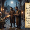 Caliph Harun al-Rashid in disguise talking to a poor beggar in the quiet night streets of Baghdad as the beggar offers his half piece of bread.رات کی تاریکی میں بغداد کا بادشاہ ہارون الرشید اور قاضی سنسان گلی میں ایک فقیر کے پاس بیٹھے ہیں اور فقیر انہیں اپنی آدھی روٹی پیش کر رہا ہے۔