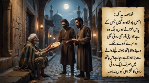 Caliph Harun al-Rashid in disguise talking to a poor beggar in the quiet night streets of Baghdad as the beggar offers his half piece of bread.رات کی تاریکی میں بغداد کا بادشاہ ہارون الرشید اور قاضی سنسان گلی میں ایک فقیر کے پاس بیٹھے ہیں اور فقیر انہیں اپنی آدھی روٹی پیش کر رہا ہے۔