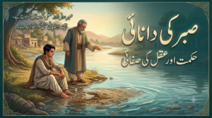 ایک پرسکون اور دلکش عکاسی جس میں ایک بزرگ استاد اور ان کا نوجوان شاگرد دریا کے کنارے بیٹھے ہوئے ہیں۔ پانی پرسکون ہے، اور تصویر میں جلی حروف میں اردو خطاطی لکھی ہے: "صبر کی دانائی: حکمت اور عقل کی صفائی"۔ ایک درخت کے نیچے، ایک چھوٹا سا متن لکھا ہے: "صبر، دل اور عقل کو صاف کر دیتا ہے، جیسے بہتا پانی مٹی کو بٹھا دیتا ہے۔" A serene and beautiful illustration featuring an old teacher and his young student sitting by the edge of a calm, reflective river. Large, ornate Urdu calligraphy is present in the foreground, reading: "Wisdom of Patience: Purity of Wisdom and Mind." Small, intricate text near a tree in the background says: "Patience purifies the heart and mind, just as flowing water settles the mud." The style is classical and peaceful.