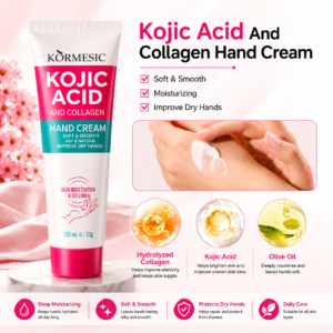 Alt Text:

Kormesic Kojic Acid and Collagen Hand Cream (50g) displayed on a white marble pedestal with a soft pink floral background. The image highlights key benefits including deep moisturizing, soft and smooth hands, improved dry skin, and ingredients such as Hydrolyzed Collagen, Kojic Acid, and Olive Oil.