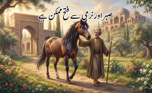 An inspirational story graphic about a wild horse and a wise man representing human mind control, patience, and wisdom.