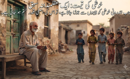 سنہری شام کے وقت ایک دیہاتی گلی کا خوبصورت اور سینماٹیک منظر، جہاں ایک سفید بالوں والا بوڑھا شخص اپنے گھر کے باہر لکڑی کے بنچ پر بیٹھا ہے اور بچے پگڈنڈی پر دور جا رہے ہیں۔