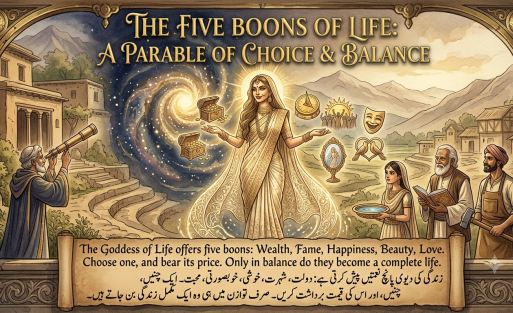 A vintage-style fantasy illustration depicting a radiant South Asian goddess in a golden saree offering five glowing boons—wealth, fame, happiness, beauty, and love—between a cosmic nebula and a terraced village, observed by diverse villagers. Bilingual English and Urdu text is integrated into the ornate frame and a bottom scroll. ​ ایک پرانے طرز کی خیالی تصویر کشی جس میں سنہری ساڑھی میں ملبوس ایک چمکتی ہوئی جنوبی ایشیائی دیوی کو کائناتی نیبولا اور ایک بالکونی والے گاؤں کے درمیان پانچ چمکتی ہوئی نعمتیں—دولت، شہرت، خوشی، خوبصورتی اور محبت—پیش کرتے ہوئے دکھایا گیا ہے، جسے مختلف دیہاتی دیکھ رہے ہیں۔ دو لسانی انگریزی اور اردو متن کو آرائشی فریم اور نچلے اسکرول میں ضم کیا گیا ہے۔