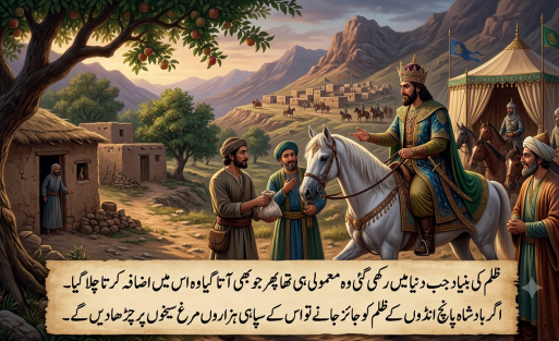 An HD digital artwork depicting King Nushirwan on a white horse, instructing a servant offering a pouch of salt near a traditional Persian village and royal tents.