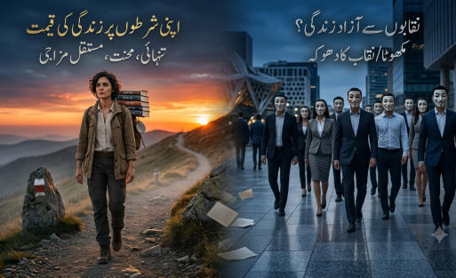 split image showing a solitary traveler walking up a mountain path into the golden sunset on the left, and a crowd of people wearing identical masks walking through a modern city on the right. ​ ایک منقسم تصویر جس کے بائیں جانب ایک تنہا مسافر غروبِ آفتاب کے وقت پہاڑی راستے پر گامزن ہے، جبکہ دائیں جانب جدید شہر میں نقاب پہنے لوگوں کا ہجوم دکھایا گیا ہے۔