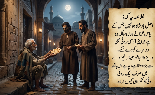 Caliph Harun al-Rashid in disguise talking to a poor beggar in the quiet night streets of Baghdad as the beggar offers his half piece of bread.رات کی تاریکی میں بغداد کا بادشاہ ہارون الرشید اور قاضی سنسان گلی میں ایک فقیر کے پاس بیٹھے ہیں اور فقیر انہیں اپنی آدھی روٹی پیش کر رہا ہے۔