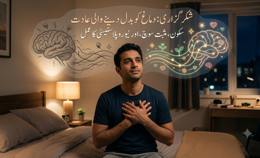 ایک نوجوان، جو احمد کی نمائندگی کرتا ہے، رات کو اپنے بستر پر ہاتھ سینے پر رکھے بیٹھا ہے، سوچ سمجھ کر اور پرسکون نظر آ رہا ہے۔ اس کے اوپر ہوا میں دو بصری خیالات کے دماغ تیر رہے ہیں: بائیں جانب، ایک گہرا، افراتفری سے بھرا، تناؤ والا دماغ؛ دائیں جانب، ایک چمکتا ہوا، پرسکون دماغ جو مثبت شبیہیں اور ہموار عصبی راستوں سے بھرا ہوا ہے۔ اردو متن دماغوں پر چھپا ہوا ہے، جس کا ترجمہ ہے "شکرگزاری: دماغ کو بدل دینے والی عادت" اور "سکون، مثبت سوچ، اور نیوروپلاسٹیسٹی کا عمل"۔ young man, representing Ahmed, sits on his bed at night with his hands on his chest, looking thoughtful and peaceful. Floating in the air above him are two visual thought representations of brains: on the left, a darker, chaotic, stress-filled brain; on the right, a glowing, calm brain filled with positive icons and smooth neural pathways. Urdu text overlays the brains, translating to "Gratitude: The Habit That Changes the Brain" and "Peace, Positive Thinking, and the Process of Neuroplasticity."
